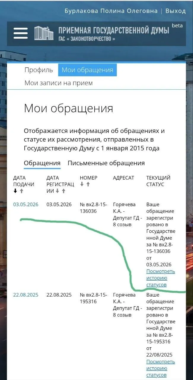 Юристка и волонтёрка Полина Бурлакова обратилась к депутату с требованием ускорить принятие мер: охранные ордера, запрет приближения агрессоров и усиление ответственности полиции. Петиция собрала 100 тысяч подписей.