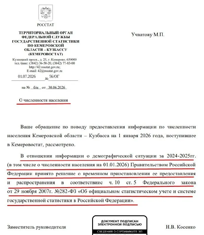 Правительство временно приостановило предоставление официальной статистики по численности населения за 2024–2025 годы. Кемеровостат объяснил это ссылкой на решение кабмина и изменения в законе №282.