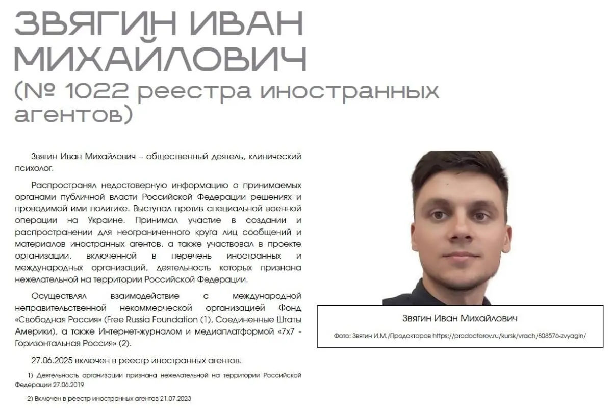 Иван Звягин обратился в суд с требованием признать противоправным размещение его в разделе с «выставкой» иностранных агентов на сайте Минюста, указывая на профессиональную дискриминацию и нарушение презумпции невиновности.