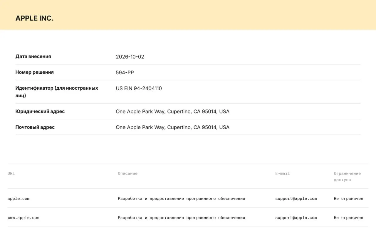 Роскомнадзор внес Apple и Microsoft в реестр организаторов распространения информации (ОРИ); компании обязаны хранить данные пользователей на серверах в РФ и передавать их силовикам по запросу, под угрозой штрафов и блокировок.